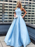 Sky Blue Simple Satin Long Prom Dresses Pearl Skirt Prom Dress with Pocket ARD1969-SheerGirl