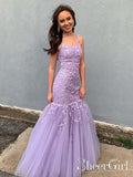 Sky Blue Spaghetti Straps Appliqued Mermaid Prom Dress Ruffle Skirt Formal Dress ARD2543-SheerGirl