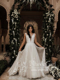 Sleeveless Lace Appliqued Deep V-Neck Soft A-line Wedding Dress with Rhinestones Sash AWD1716-SheerGirl