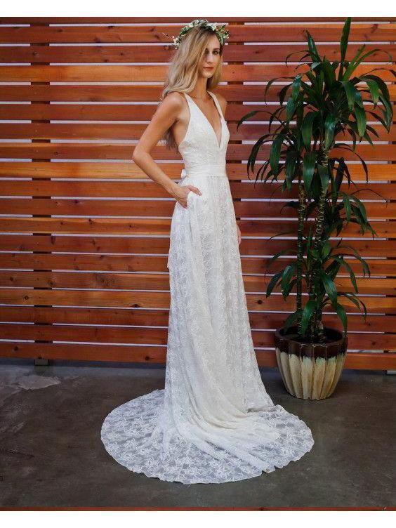 Summer Beach Wedding Dresses Lace Applique V Neck Plus Size Wedding Dr –  SheerGirl