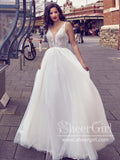 Sleeveless V-neck and Beadings Embroidery Illusion Bodice Full A-Line Wedding Dress AWD1713-SheerGirl