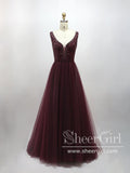 Sleeveless with Lace Beadings Bodice Plounging V Neck A Line Tulle Long Prom Dress ARD2572-SheerGirl