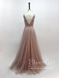 Sleeveless with Lace Beadings Bodice Plounging V Neck A Line Tulle Long Prom Dress ARD2572-SheerGirl