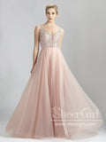 Sleeveless with Lace Beadings Bodice Plounging V Neck A Line Tulle Long Prom Dress ARD2572-SheerGirl