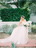 Spaghetti Strap Beaded Ivory Tulle Wedding Dresses with Train AWD1283-SheerGirl