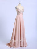 Spaghetti Strap Beaded Prom Dresses Pink Floral Formal Dresses ARD2344-SheerGirl