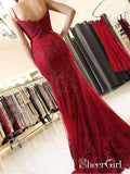 Spaghetti Strap Burgundy Lace Appliqued Mermaid Prom Dresses,APD3225-SheerGirl