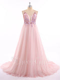 Spaghetti Strap Deep V Neck Sexy Pink Prom Dresses with Train ARD1818-SheerGirl