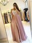 Spaghetti Strap Dusty Rose Prom Dresses with Slit Cheap Lace Bodice Bridesmaid Dress APD3325