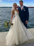 Spaghetti Strap Ivory Chiffon Beach Wedding Dresses Cheap V Neck Wedding Dress AWD1279-SheerGirl