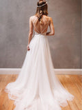 Spaghetti Strap Ivory Tulle Beach Wedding Dresses Rhinestone Backless Bridal Dress AWD1271-SheerGirl