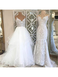 Spaghetti Strap Lace Applique Ivory Organza Beach Wedding Dresses AWD1252-SheerGirl