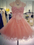 Spaghetti Strap Lace Applique Pink Mini Organza Homecoming Dresses ARD1692-SheerGirl