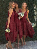 Spaghetti Strap Pink Lace Bridesmaid Dresses Midi Tea Length Bridesmaid Dress ARD1185-SheerGirl