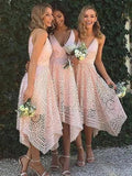 Spaghetti Strap Pink Lace Bridesmaid Dresses Midi Tea Length Bridesmaid Dress ARD1185-SheerGirl