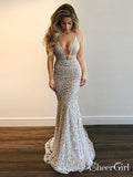 Spaghetti Strap Sexy Deep V Neck Mermaid Lace Prom Dress with Train ARD1855-SheerGirl