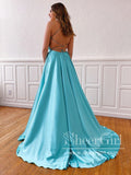 Spaghetti Strap Simple Prom Dresses with High Slit Lace Up Back V Neck Satin Prom Dress ARD2113-SheerGirl