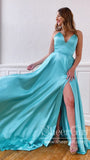 Spaghetti Strap Simple Prom Dresses with High Slit Lace Up Back V Neck Satin Prom Dress ARD2113-SheerGirl