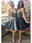 Spaghetti Strap V Neck A Line Homecoming Dresses Silver Short Prom Dress ARD1488