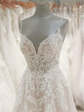 Spaghetti Strap V Neck Beach Wedding Dresses Beaded Bodice Wedding Dress AWD1180-SheerGirl