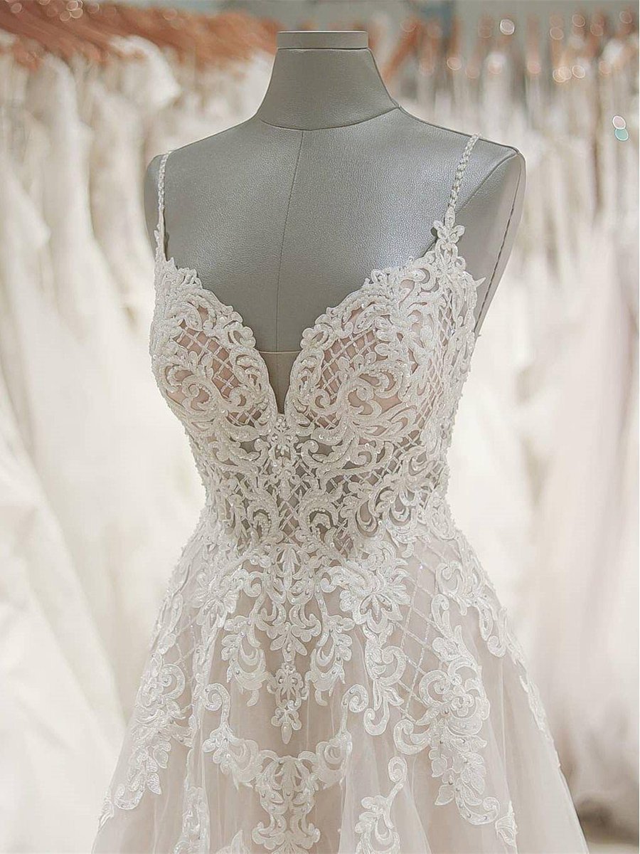Spaghetti Strap Ivory Tulle Beach Wedding Dresses Rhinestone Backless  Bridal Dress – SheerGirl