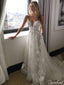 Spaghetti Strap V Neck Boho Lace Wedding Dresses with Pockets AWD1423