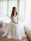 Spaghetti Strap V Neck Lace&Chiffon Beach Wedding Dresses with Crystal Sash AWD1282