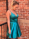 Spaghetti Strap V Neck Satin Homecoming Dresses Peacock Blue Graduation Dress ARD1471-SheerGirl