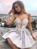 Spaghetti Strap V Neck Silver Lace Applique Mini Homecoming Dresses ARD1721-SheerGirl