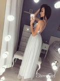 Spaghetti Strap V Neck Silver Prom Dresses with Slit Cheap Sexy Formal Dress ARD1738-SheerGirl