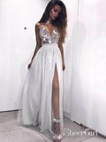 Spaghetti Strap V Neck Silver Prom Dresses with Slit Cheap Sexy Formal Dress ARD1738-SheerGirl