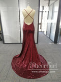 Spaghetti Strap V-neck Burgundy Sequins Sexy Mermaid Prom Dresses APD2835-SheerGirl