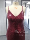 Spaghetti Strap V-neck Burgundy Sequins Sexy Mermaid Prom Dresses APD2835-SheerGirl