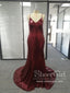 Spaghetti Strap V-neck Burgundy Sequins Sexy Mermaid Prom Dresses APD2835