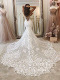 Spaghetti Straps Deep V Neck Mermaid Chanpel Train Wedding Dress AWD1758-SheerGirl