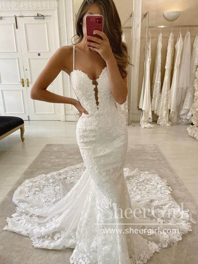 Sexy Backless Lace Mermaid Wedding Dresses Spaghetti Strap V Neck Wedding  Dress – SheerGirl