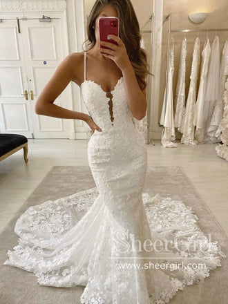 Floral Lace A Line Wedding Dress Backless Bridal Gown with Sweep Train –  SheerGirl