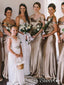 Spaghetti Straps Off Shoulder Sheath Champagne Gold Bridesmaid Dress ARD2488