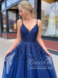 Spaghetti Straps V Neckline Appliqued Ball Gown with Back Lace Up Long Prom Dress ARD2599-SheerGirl