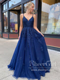 Spaghetti Straps V Neckline Appliqued Ball Gown with Back Lace Up Long Prom Dress ARD2599-SheerGirl