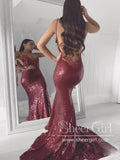 Spahetti Straps Plunge V Neckline Sequin Mesh Fitted Party Dress Mermaid Burgundy Prom Dress ARD2559-SheerGirl