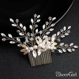 Sparkly Crystal Sprig Gold Wedding Comb with Pearl ACC1156-SheerGirl