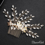 Sparkly Crystal Sprig Gold Wedding Comb with Pearl ACC1156-SheerGirl