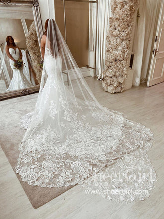 Exquisite Off the Shoulder Mermaid Bridal Gown with Scalloped Lace Tra –  SheerGirl