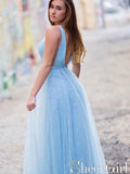 Sparkly Tulle Sky Blue Prom Dresses V Neck Fittle Prom Dress Long ARD2115-SheerGirl