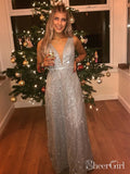 Sparkly V Neck Long Prom Dresses Silver Formal Evening Party Dress ARD1996-SheerGirl