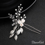 Sprig Floral Silver Bridal Hairpin Pear and Crystals ACC1158-SheerGirl