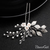 Sprig Floral Silver Bridal Hairpin Pear and Crystals ACC1158-SheerGirl