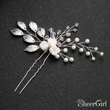 Sprig Floral Silver Bridal Hairpin Pear and Crystals ACC1158-SheerGirl