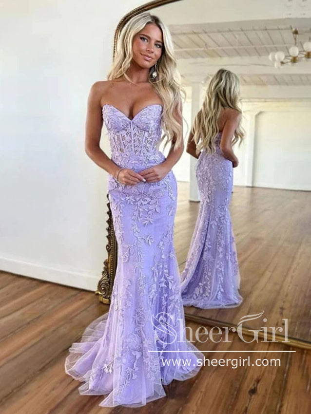 Strapless Lilac Mermaid Prom Dresses Corset Back Pageant Formal